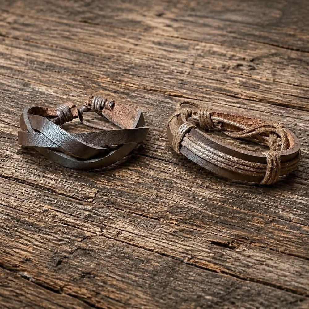 2 Pc Set Brown Leather Braided Hemp Cord Friendship Couples Bracelets New Unisex
